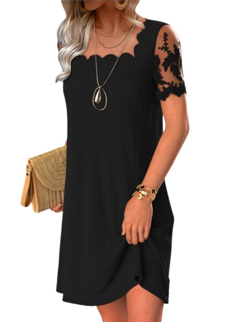 Black Lace Sleeve Scalloped Square Neck Mini Dress
